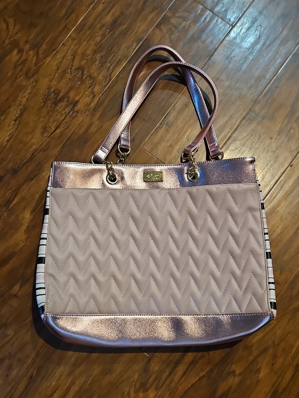 Betsey Johnson Metallic Rose Pink Chevron Quilted Tote